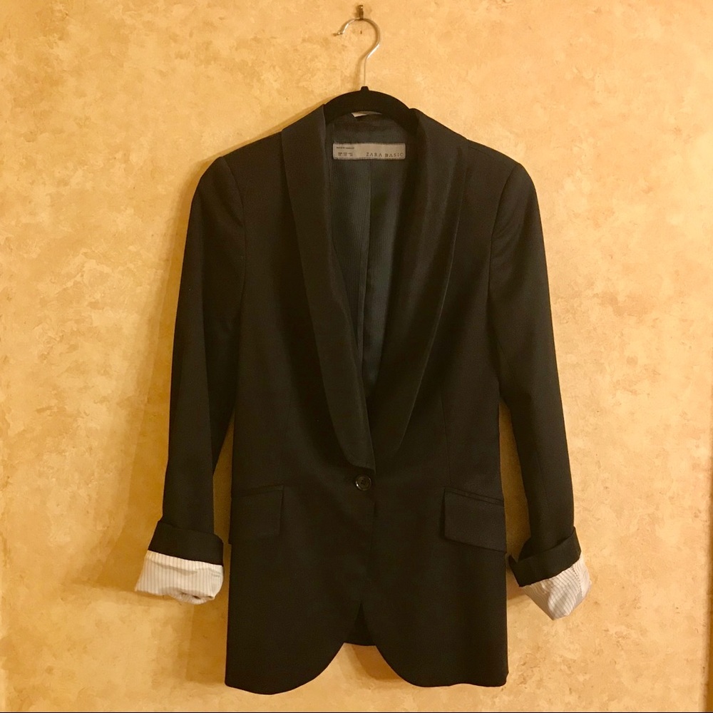 Zara Basic Long One Button Black Blazer - image 1